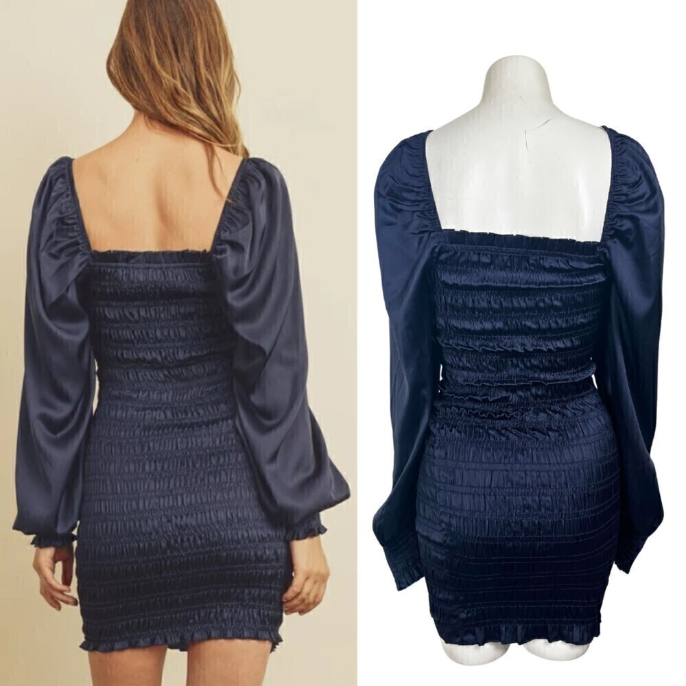 Dress Forum Women Size S Blue Smocked Satin Pullover Long Sleeve Mini NEW Dress - Picture 5 of 15